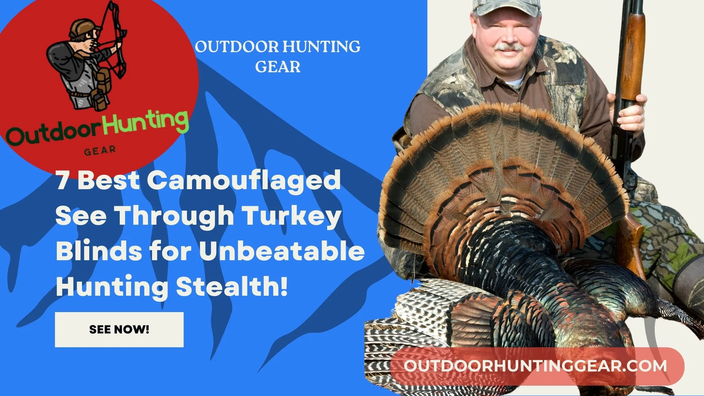 Camouflaged see through turkey blind for hunting set up in a wooded hunting area.