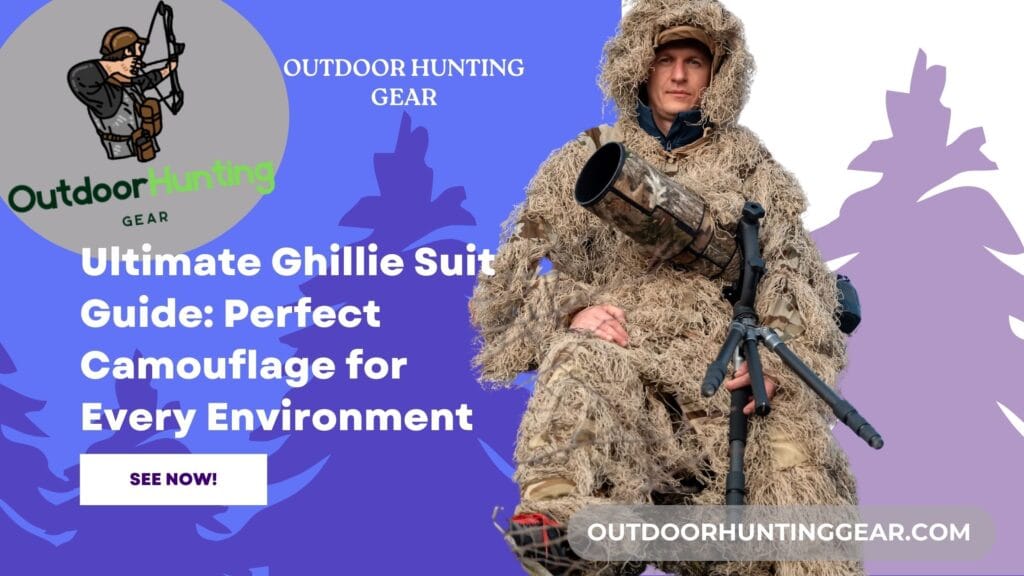 Tactical gear setup featuring a bow hunter in a forest ghillie suit, blending with forest terrain.