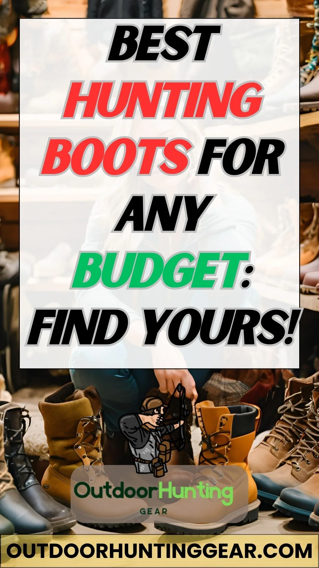 Affordable best hunting boots on a sporting goods store floor.