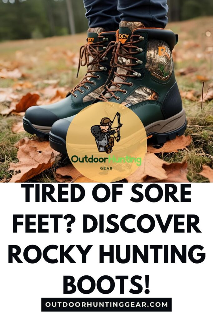 Hunter grimacing, holding their foot, next to Rocky hunting boots.