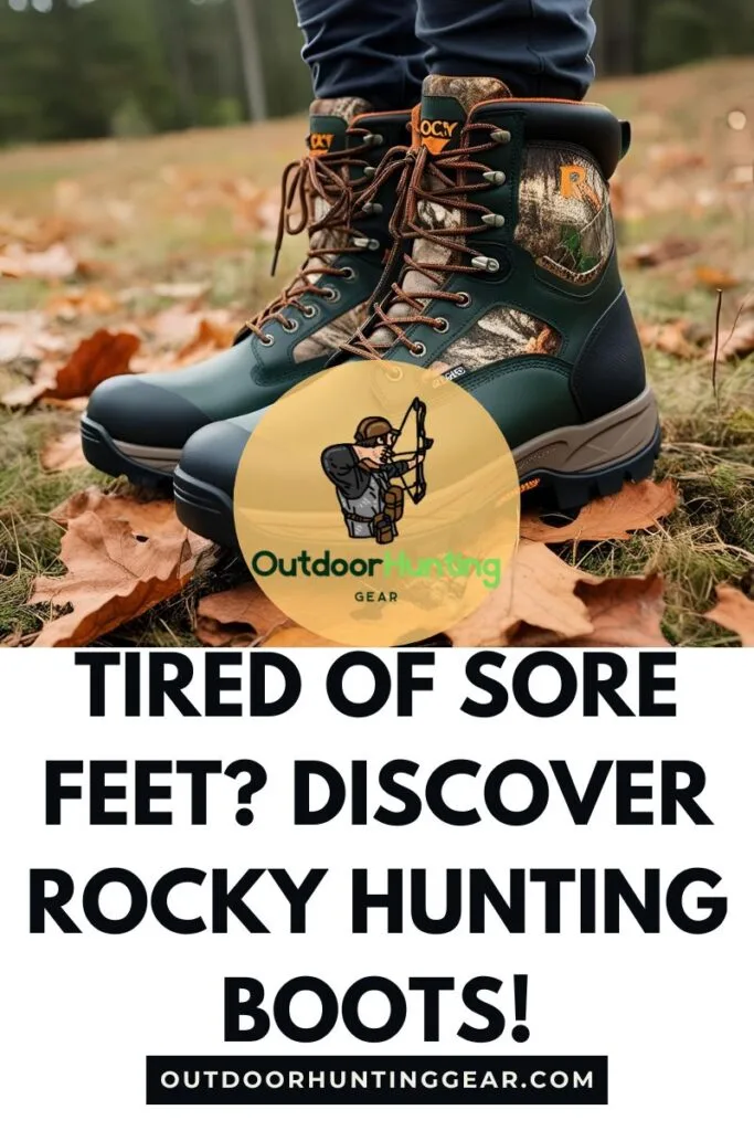 Hunter grimacing, holding their foot, next to Rocky hunting boots.