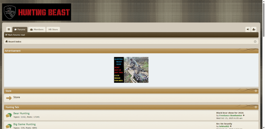 Hunting site screenshot image of the Hunting Beast website homepage. (Screenshot image captured on 10/31/2025)