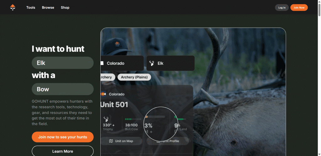 Hunting site screenshot image of GoHunt website homepage. (Screenshot image captured on 10/31/2025)