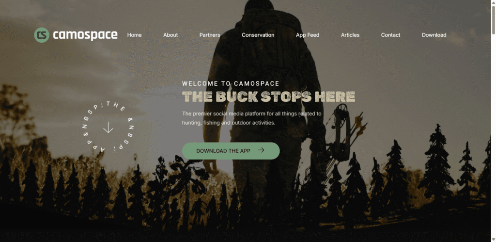 Hunting site screenshot image of the CamoSpace website homepage. (Screenshot image captured on 10/31/2025)