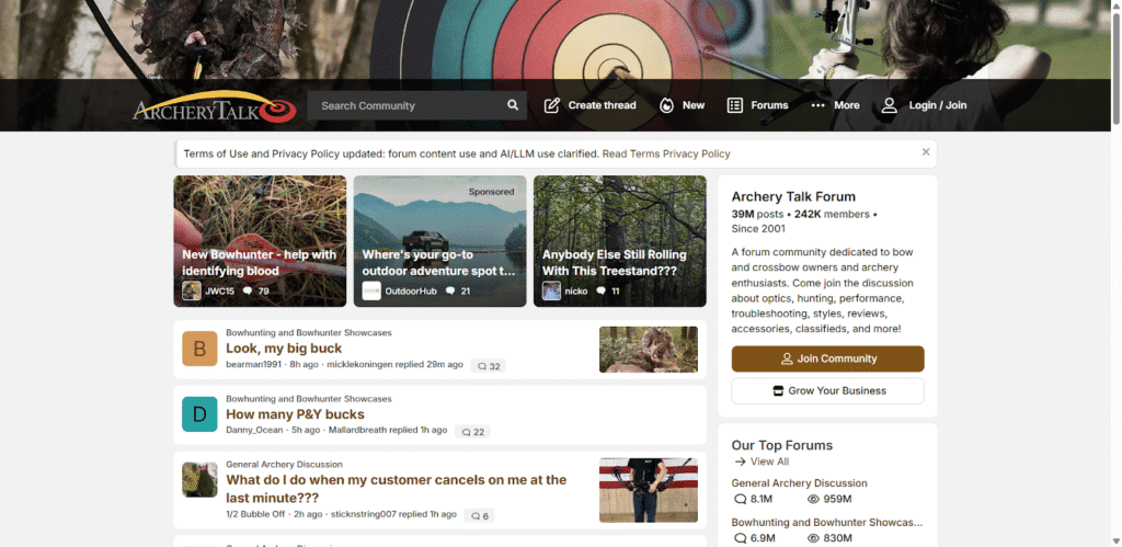 Hunting site screenshot image of Archery Talk website homepage. (Screenshot image captured on 10/31/2025)