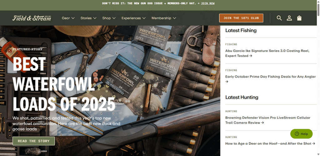 Hunting site screenshot image of the Field & Stream website homepage. (Screenshot image captured on 10/31/2025)