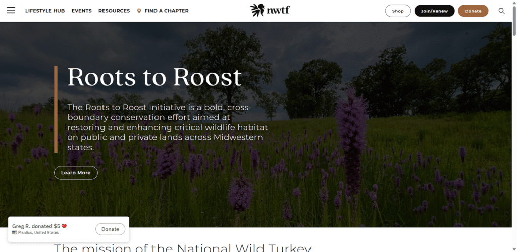 Hunting site screenshot image of NWTF website homepage. (Screenshot image captured on 10/31/2025)