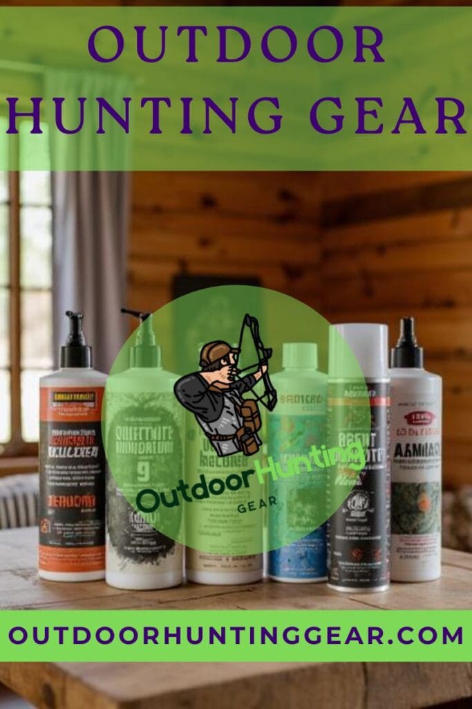 Scent control and scent blocker products lined up on a wooden table for hunters.