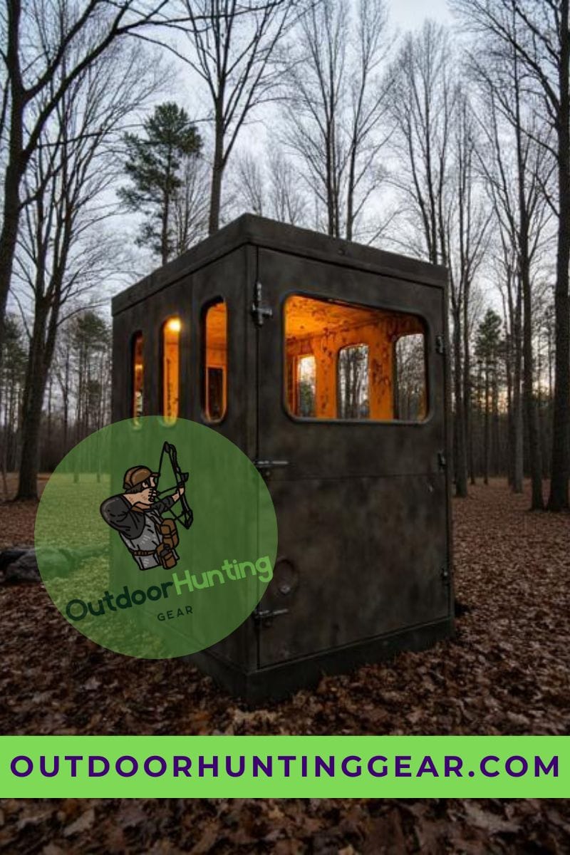 A fiberglass deer blind set up for hunting in a secluded wooded area.