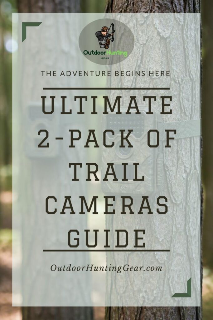 Ultimate 2 Pack of Trail Cameras Guide. A 2 pack of trail cameras mounted on trees in a forest setting.